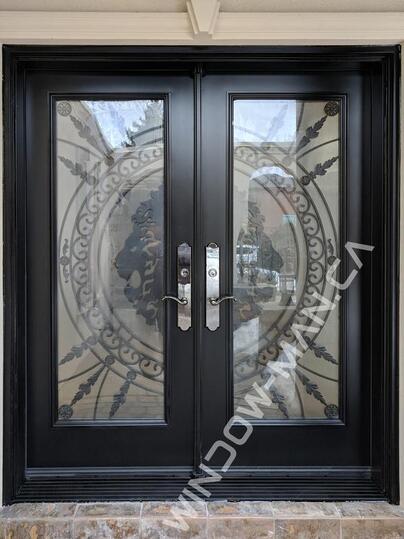 black double front door with forest king full wrought iron glass with three point lock lions