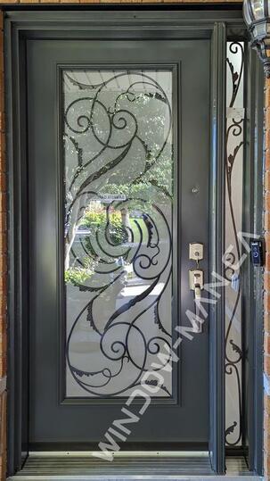black entrance door with sidelight in graphite with port union full wrought iron glass peephole