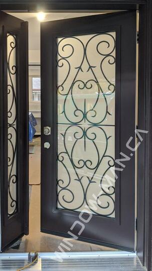 black entry door with sidelight in antique brown with bristol full wrought iron glass operating sidelight