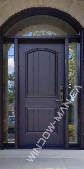black front door with sidelights and transom fiberglass stained with 3 point lock plank wood grain
