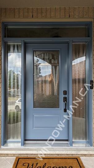 blue front door colors with sidelights in wedgewood blue with liano 3/4 stained glass with transom wide sidelight
