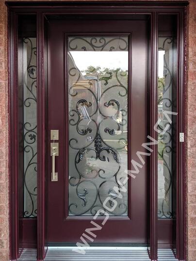 brick house with red door with sidelights in burgundy with westham full wrought iron glass