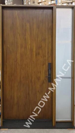 brown entrance door fiberglass with sidelight stained in golden oak with multi point locking system oak, 8 foot, 96 inch