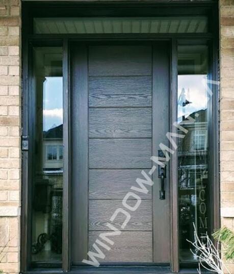 brown entry door fiberglass with sidelights stained in walnut super grey glass oak grain, groove design, black glass, 8ft