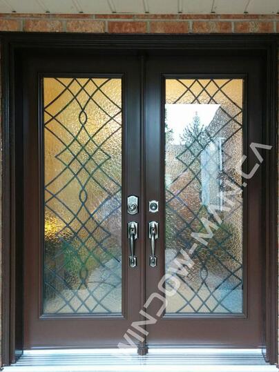 brown exterior door with glass double in nutmeg with oak ridge full wrought iron glass