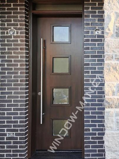 brown fiberglass door single stained in walnut shaker private glass with pull bars with transom mahogany grain, 8 ft, 96 in