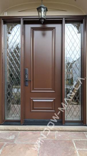 brown front door with sidelights in nutmeg stained glass with 3 point locking system 8 foot