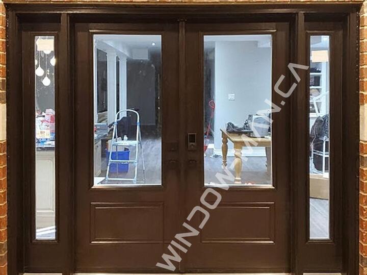 brown patio doors fiberglass french double with sidelights in nutmeg 3/4 clear glass mahogany grain