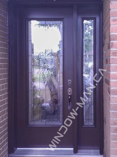 chestnut brown front door with sidelight with yorkville full stained glass 8-foot, 92-inches
