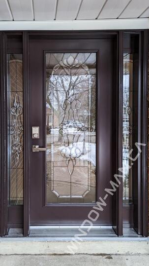 chocolate brown door color with sidelights in antique brown with majestic full stained glass