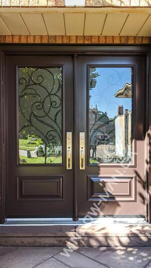 chocolate brown door double in antique brown with port union 3/4 wrought iron glass executive panels