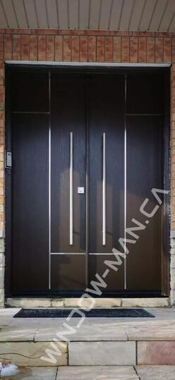 contemporary double front doors fiberglass in nutmeg with pull bars mahogany grain, 8 foot, 96-inch, aluminum stripe design