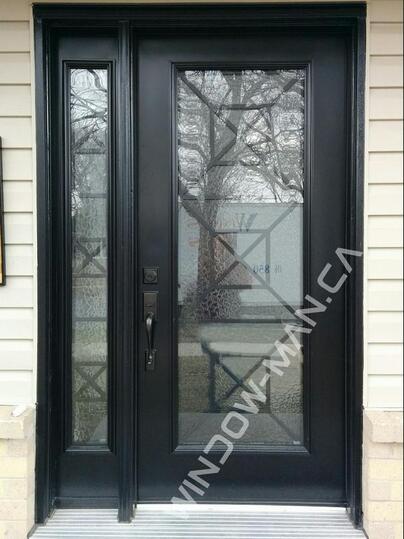 contemporary entry door with sidelight in black with townsbridge full wrought iron glass