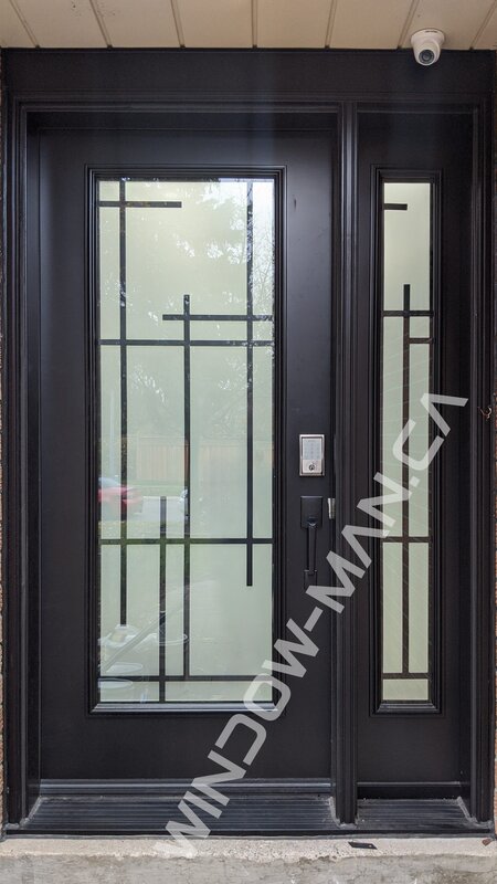 contemporary glass exterior door with sidelight in black with pasadena full wrought iron glass