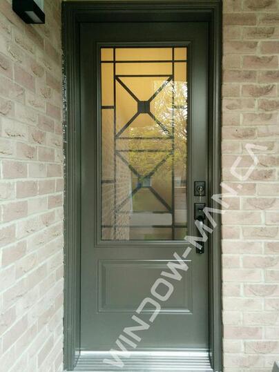 contemporary glass front door single in windswept smoke with century 3/4 wrought iron glass