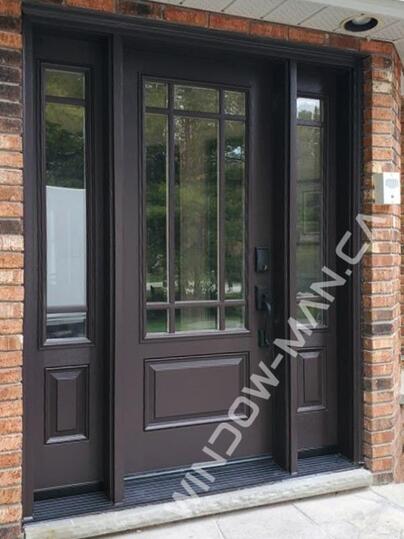 craftsman style entry door fiberglass with sidelights in antique brown 3/4 sdl glass oak grain