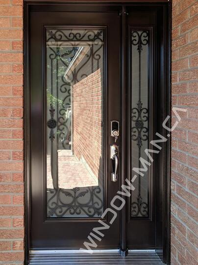 dark brown entrance door with sidelight with port stanly full wrought iron glass active sidelight