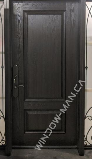 door with side windows fiberglass stained in black with three-point locking system oak grain