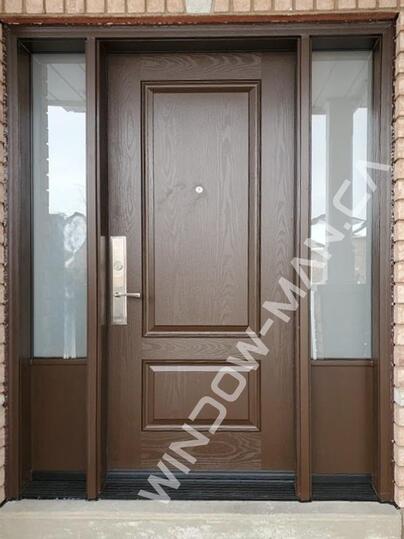 doors for front door fiberglass with sidelights in chestnut brown with 3 point lock oak grain, peephole