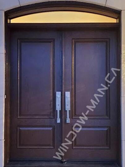 double exterior door fiberglass stained in dark mahogany with round top transom wood grain
