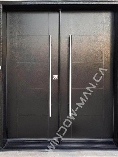 double exterior fiberglass doors stained in black with pull bar handle mahogany grain, groove design, 8 foot
