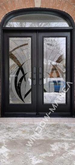 double front doors with glass fiberglass stained in black with san diego with multi point lock with oval transom oak grain