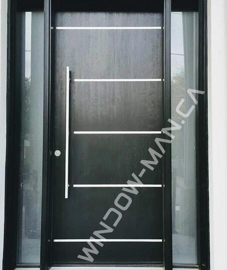 entrance front fiberglass with sidelights in black with pull bars mahogany grain, 8', wide 40