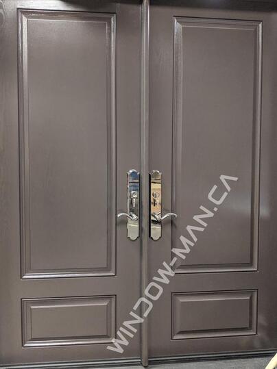 entry door double fiberglass in grey with three-point locking system mahogany grain, 8-ft