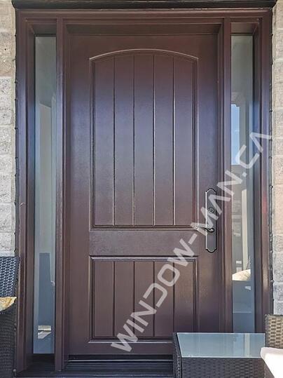 exterior door with sidelites fiberglass in nutmeg with 3 point lock plank wood grain, 42 inch wide, 8 ft