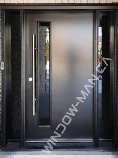 exterior doors toronto with sidelights in black full glass with pull bar handle 42 inch wide, super grey glass
