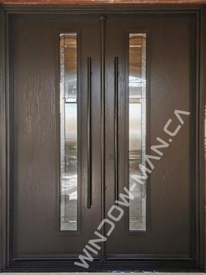 exterior fiberglass doors double in nutmeg with santa fe full stained glass with pull bar handle oak grain, 8ft