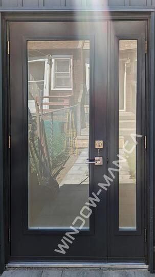 exterior french doors with sidelight in midnight surf full obscure glass active sidelight