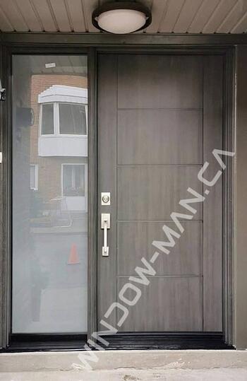 exterior front door fiberglass with sidelight stained in grey wood grain, wide sidelight, groove design