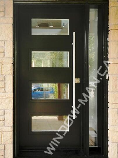 exterior glass door with sidelight in black shaker obscure glass with pull bar handles