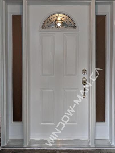 exterior metal doors with glass with sidelights in white with oxford half moon stained glass