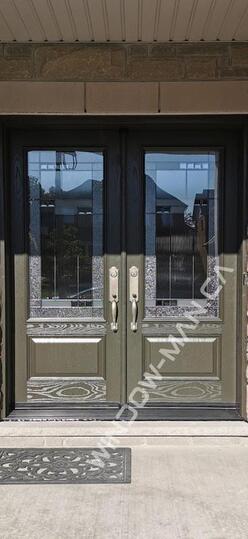 fiberglass double entry doors with glass in commercial brown with santa fe 3/4 stained glass oak grain