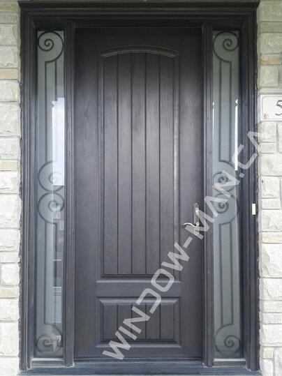 fiberglass entry door with sidelights stained in black with multi point locking system plank mahogany grain, 8 foot, 96-in
