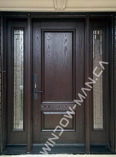 fiberglass front door with sidelights stained in dark oak with 3 point locking system oak grain