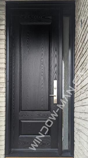 fiberglass outside door with sidelight in black private clear border glass with multi point lock oak grain, 8 foot, 96 inches