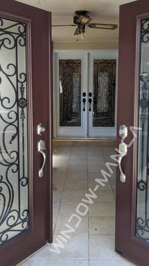 front door design double door in chestnut brown with santa ana full wrought iron glass