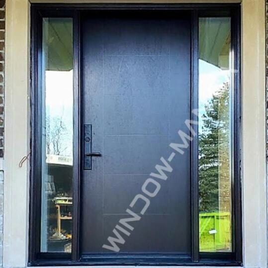 front door door fiberglass with sidelights in black mahogany with multi point locking system 42 inch wide, groove design