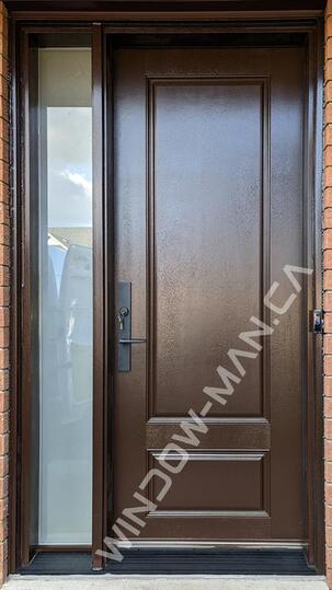 front door replacement fiberglass with sidelight in nutmeg with multi point lock mahogany grain, 8 foot, 96 inches