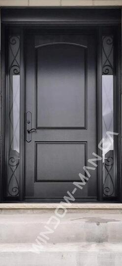 front door side windows fiberglass in black with three point lock mahogany grain, 42x96 inch