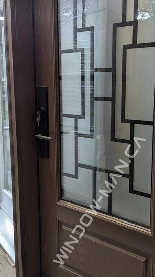 front door fiberglass single in nutmeg with malibu 3/4 wrought iron glass with 3 point lock oak grain