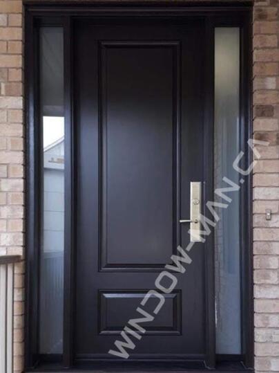 front doors exterior fiberglass with sidelights in black with 3 point lock mahogany grain, 8foot, 96inch