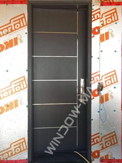 front doors toronto fiberglass single in black with 3 point lock mahogany grain, 8ft, stainless stripes design