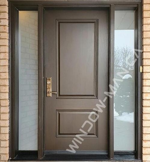 front doors with side lights fiberglass in chestnut brown with multi point locking system mahogany grain, wide sidelight