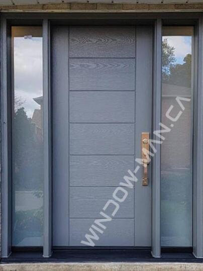 front doors with side windows fiberglass in windwswept smoke with 3 point lock oak grain,groove design