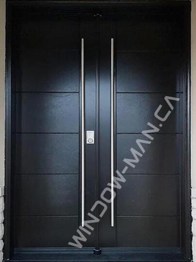 front doors fiberglass double stained in black mahogany with pull bar handles groove design, 8ft