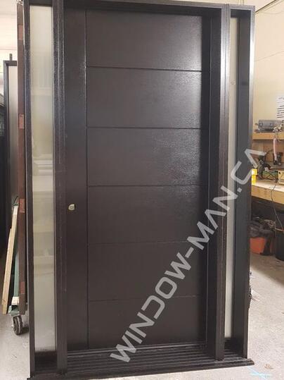 front entrance doors fiberglass with sidelights in antique brown mahogany grain,8ft, 96in, wide 40 inch, groove design